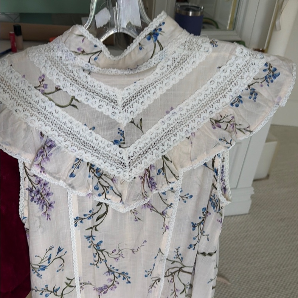 ZIMMERMANN- Boho Floral Lace Trim Sleeveless Tunic - Cream with Lavender & Blue - Picture 5 of 5